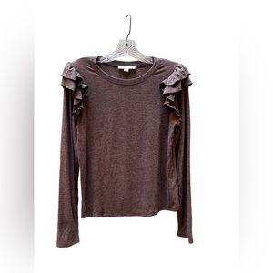 Shabby Chic Long Sleeve Top Grayish Blue with Ruffled Shoulders M